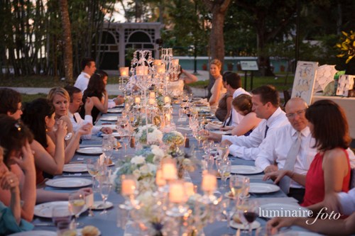 family style dining table wedding long crystal candelabra mason jars blue