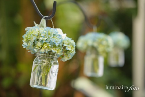 garden wedding mason jars shepard hooks blue hydrangea