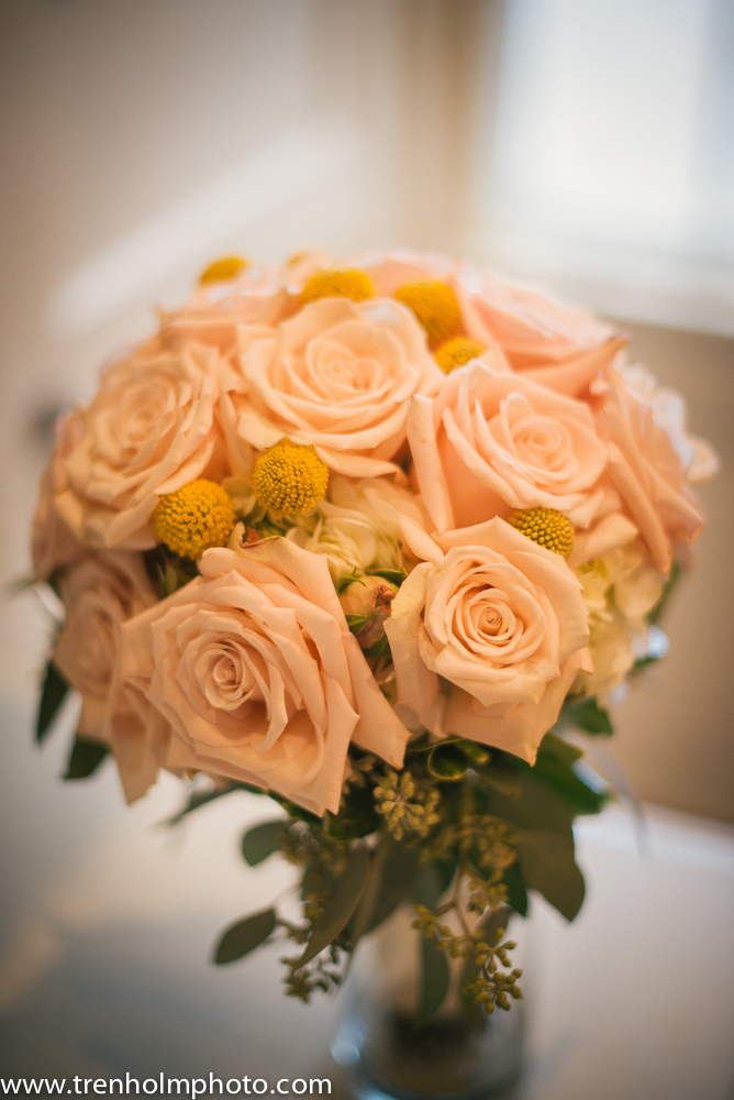 pink roses yellow billy balls seeded eucalyptus wedding bouquet