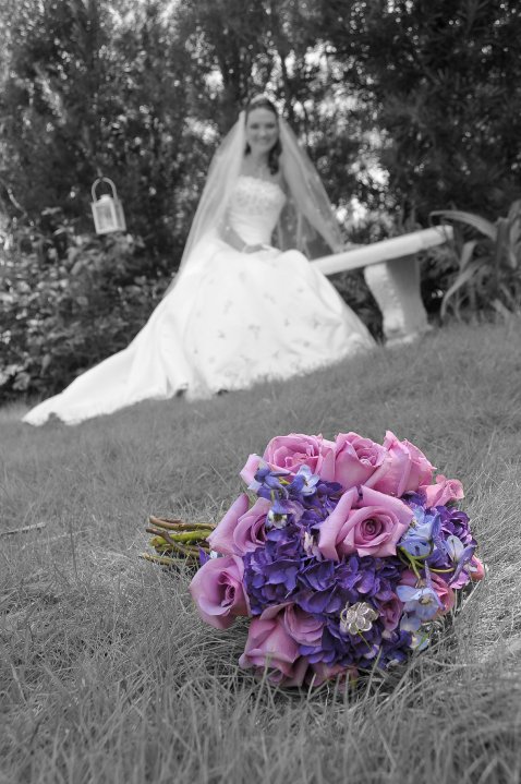 purple hydrangeas and roses