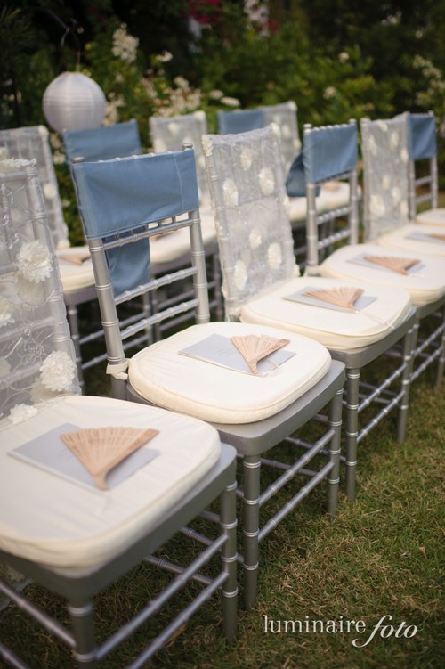 silver wedding chairs blue sheer covers fans programs garden