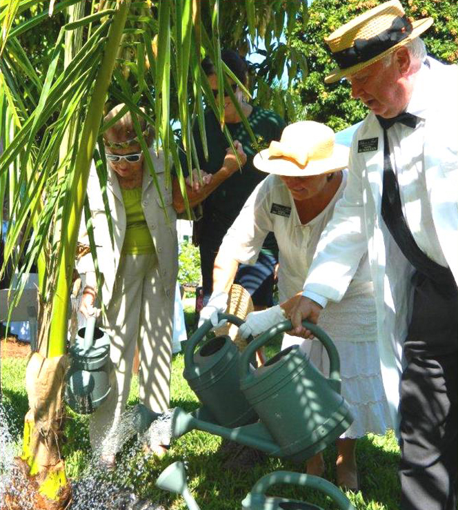 Thomas and Mina Edison are joined in tree planting by Edison Ford garden patron, Berne Davis, and a member of the Fort Myers-Lee County Garden Council.